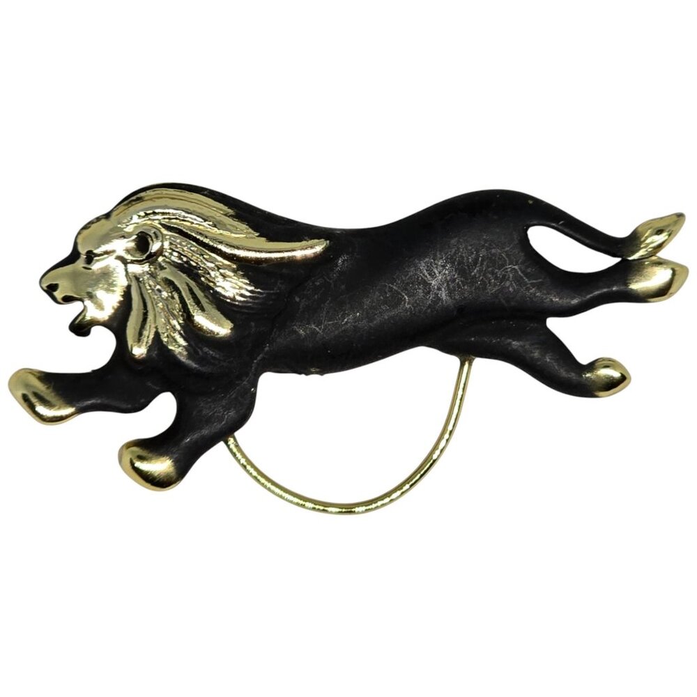 Vintage Black Lion Brooch Gold Tone Enamel Figural Animal Pin